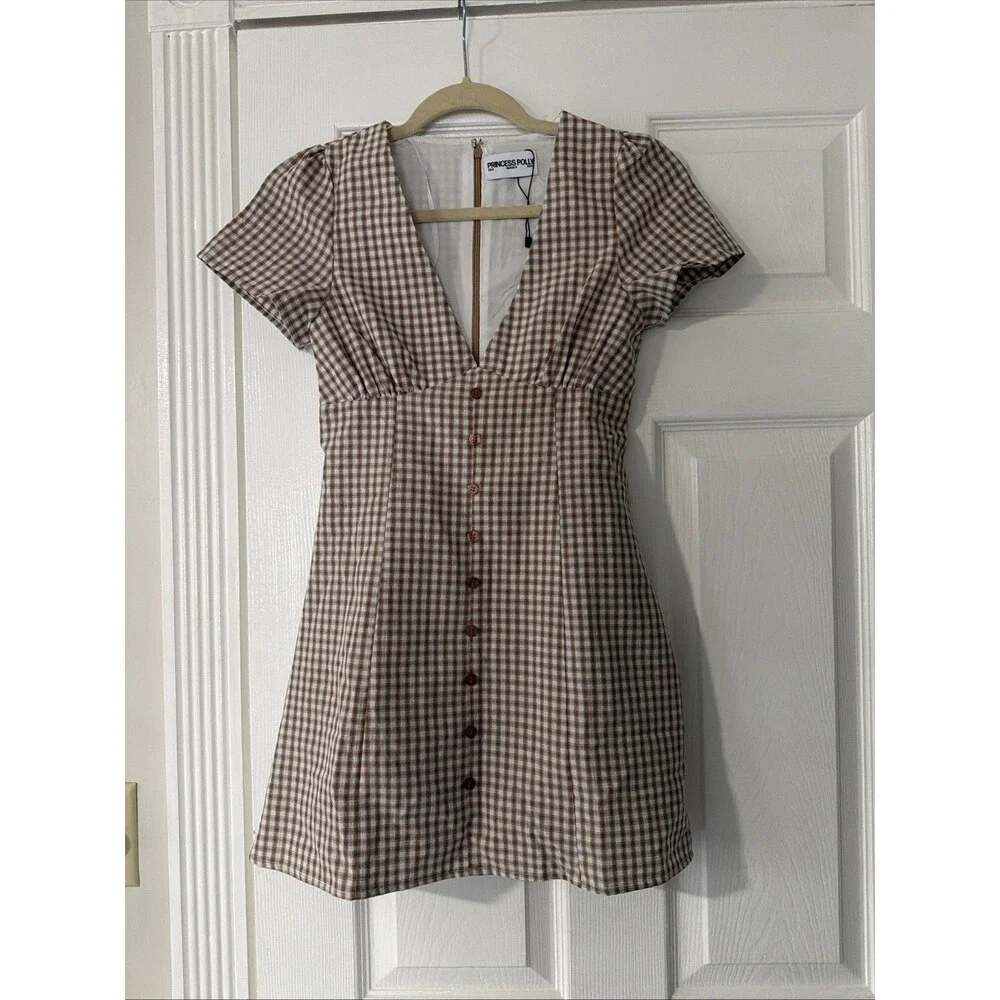Princess Polly Brown & Cream Gingham Button-Front Mini Romper